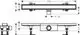 Duschrinne von Hansgrohe, flaches Design mit quadratischem Abfluss, befliesbar, mit Montageelementen für Standardinstallation, abgebildet in zwei Ansichten.